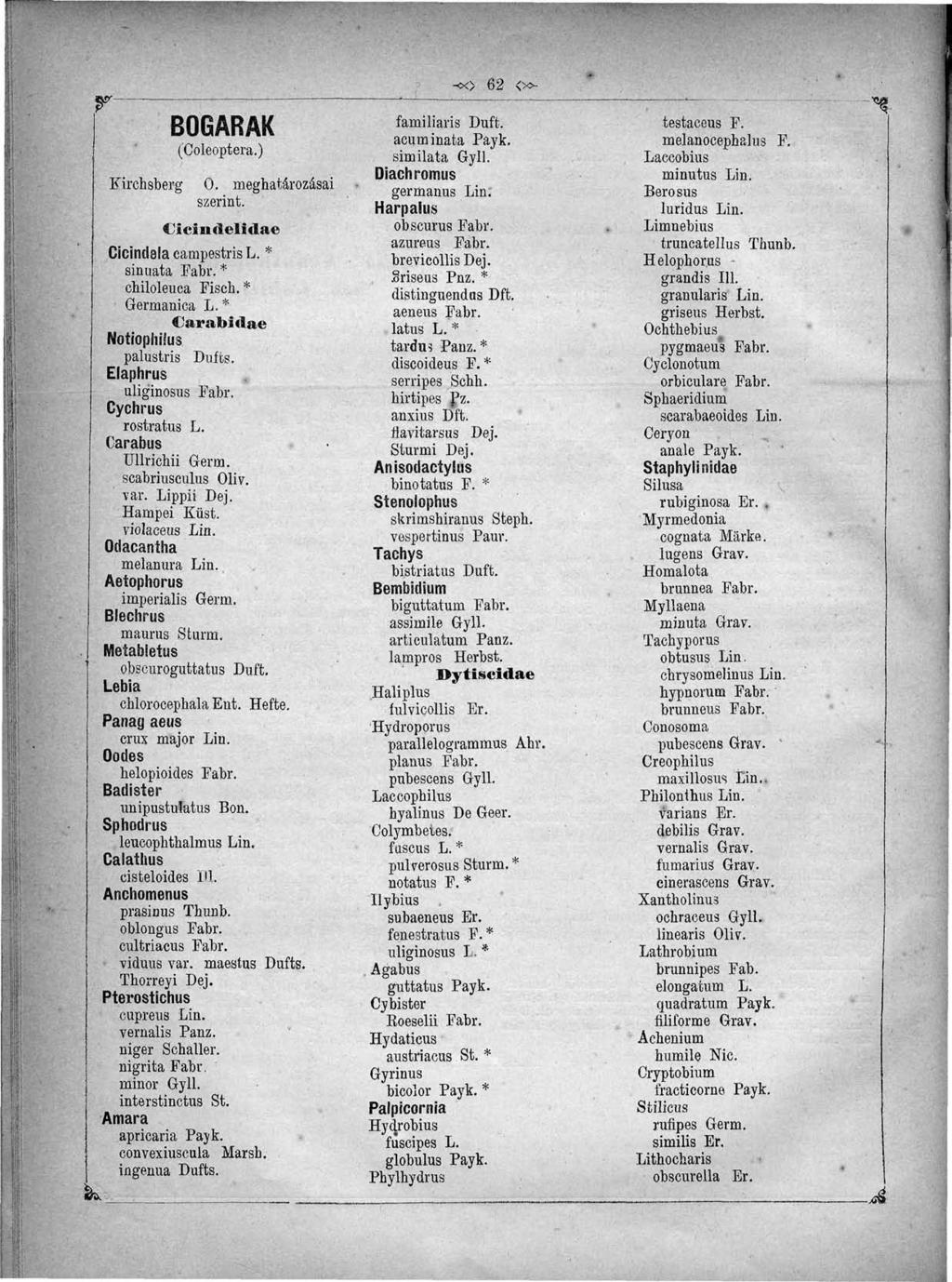 pr- BÖGARÁK (Coleoptera.) Kirehsberg 0. meghatározásai szerint. Cicin delidae CicindsEa campestris L. * sinuata Fabr. * chiloleuca Fisch. * Germanica L. * Carabidae Notiophilus palustris Dufts.