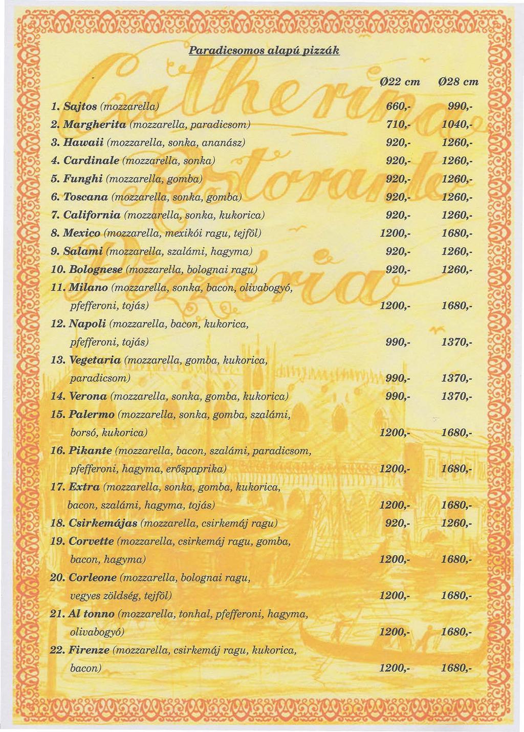 Paradicsomos alapú pizzák 022 cm 028 cm 1. Sajtos (mozzarella) 660,- 990,- 2. Margherita (mozzarella, paradicsom) 710,- 1040,- 3. Hawaii (mozzarella, sonka, ananász) 920,- 1260,- 4.