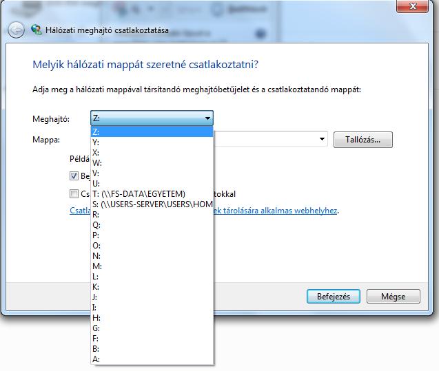 A Meghajtó: legördülő menüben kiválasztunk egy szabad meghajtót, pl.