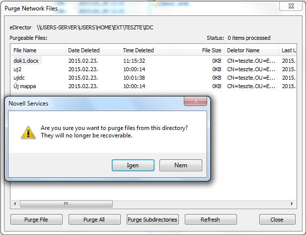 - 18 - Törölt fájlok végleges törlése (Purge Files) A törölt fájlok, könyvtárak nem a Windows Lomtárba kerülnek, hanem a Novell kezeli őket, és innen a Purge Files parancs segítségével törölhetjük