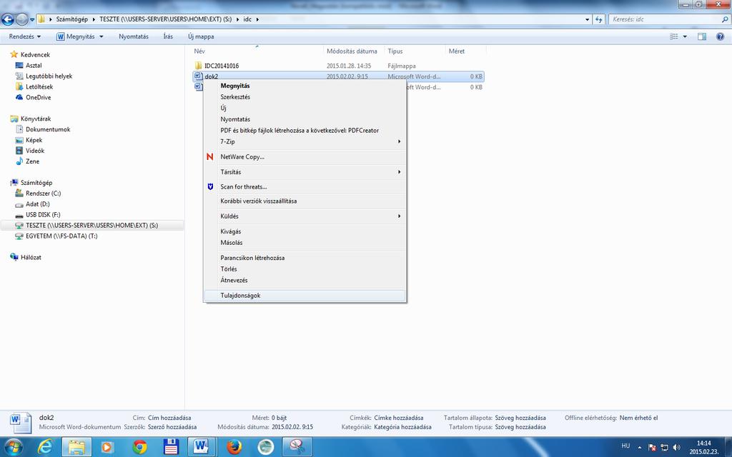 - 8 - Novell hálózati fájlok megosztása, hozzáférési jogok megadása A teszte felhasználó megosztja az S: hálózati meghajtón található idc mappájában található dok2 word dokumentumot a bemut