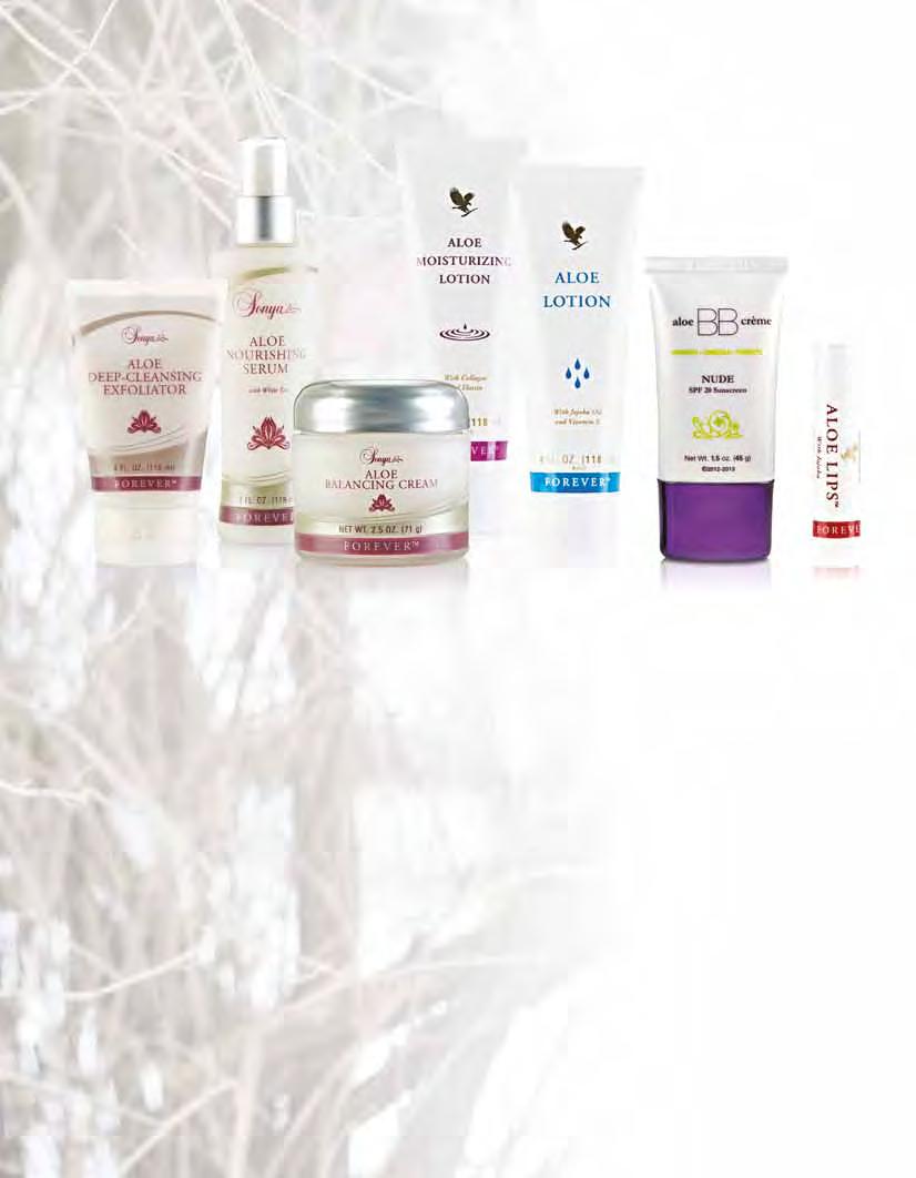 Sonya Aloe Deep-Cleansing Exfoliator I 278 Sonya Aloe Nourishing Serum I 281 Sonya Aloe Balancing Cream I 280 Aloe Moisturizing Lotion I 063 Aloe Lotion I 062 Aloe BB crème Nude 371, Sandy 372, Cocoa