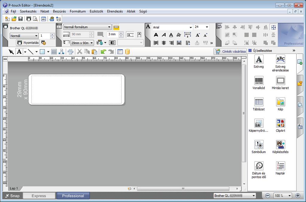 A P-touch Editor használata Nyomtatás a P-touch Editorral 6 Express mód Ebben a módban gyorsan hozhat létre szöveget és képeket tartalmazó elrendezéseket.
