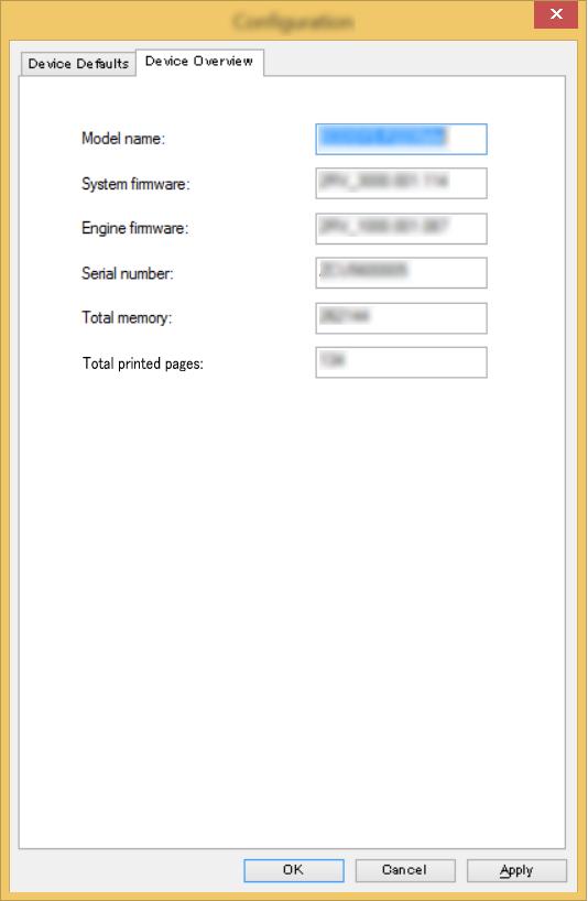 Nyomtatás számítógépről > Configuration Tool Eszköz áttekintés A készülék adatainak megjelenítése.