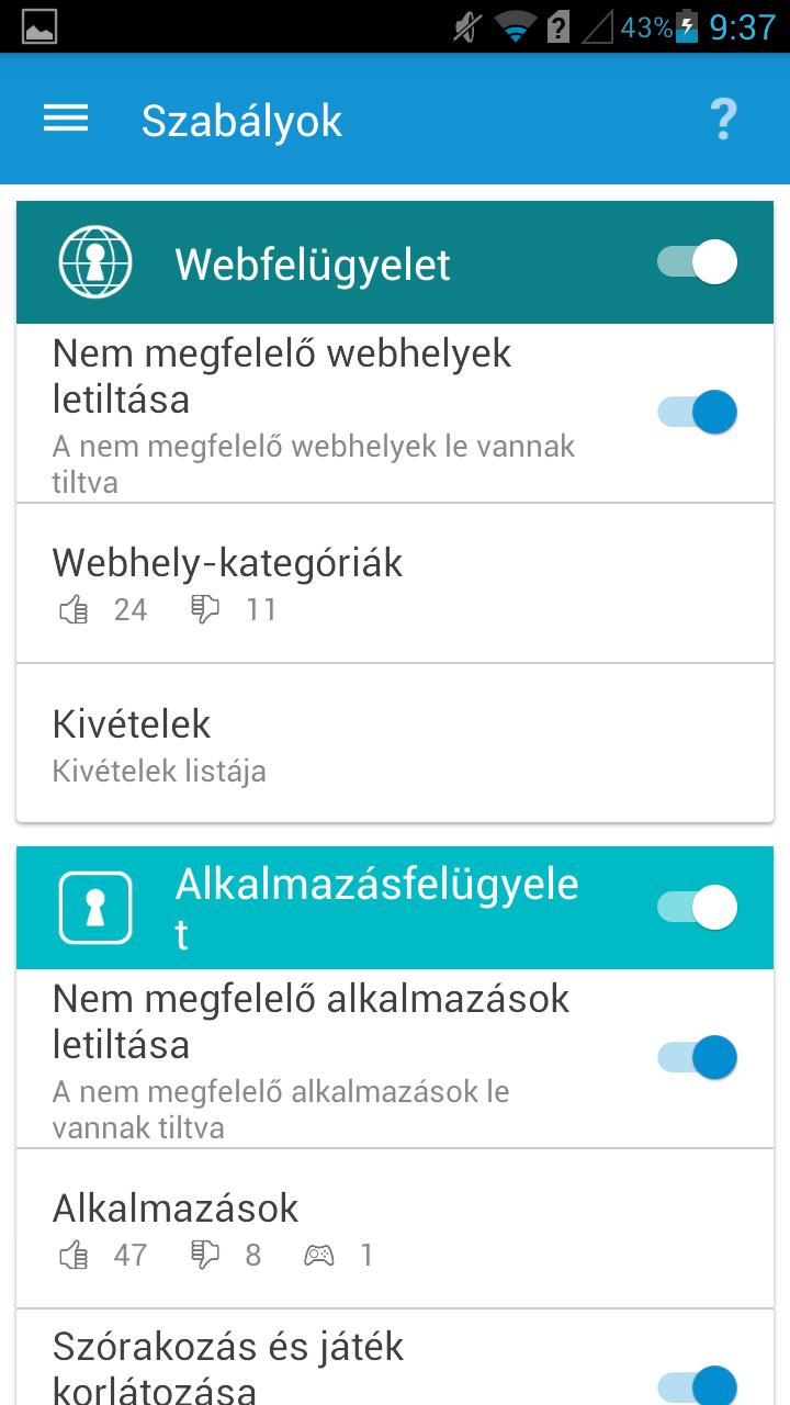 7. Szabályok A Szabályok képernyőn engedélyezheti, letilthatja vagy beállíthatja a program két fő