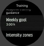 1. Kapcsolja ki a Guidance (Edzési útmutató) funkciót. 2. A középső gombbal válassza ki a Weekly goal (Heti cél) opciót. 3.