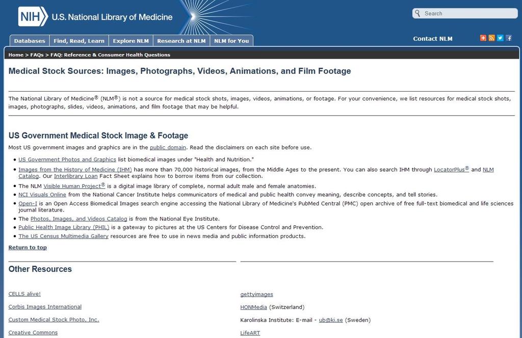 NIH Medical Stock Sources Tájékoztató oldal