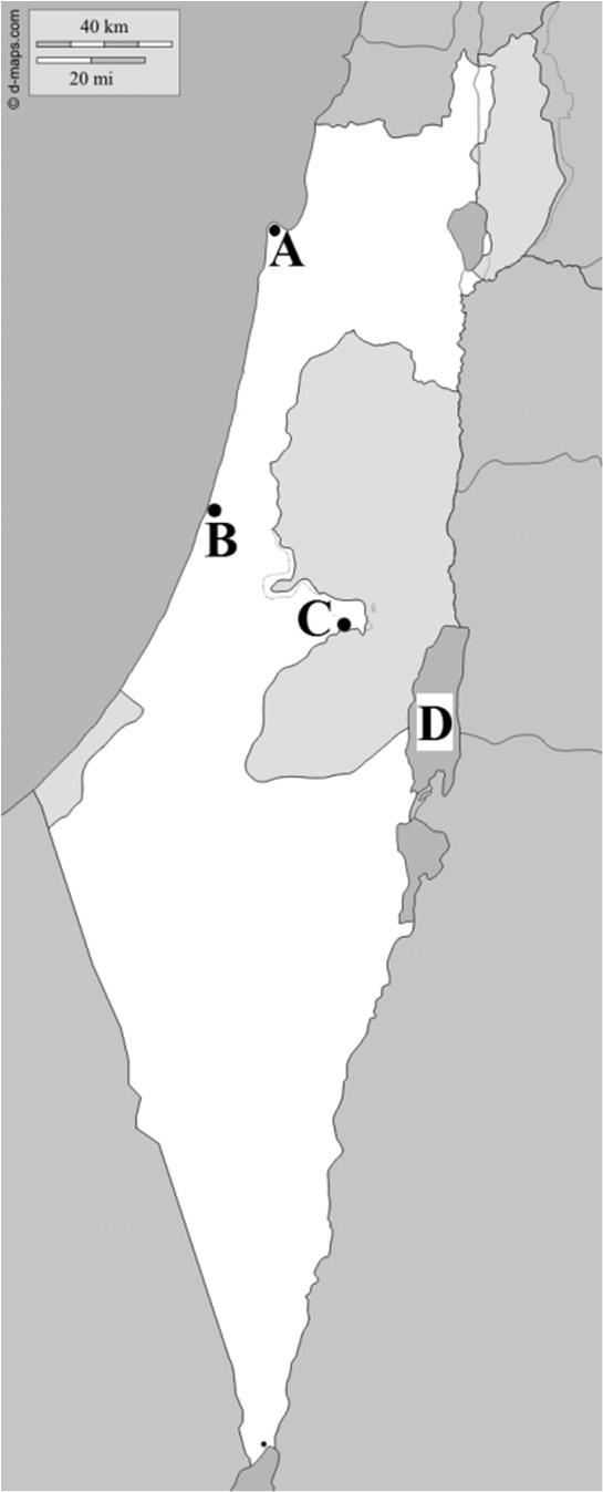 12. Oldja meg az Izrael földrajzával kapcsolatos feladatokat! a) Nevezze meg a térképen nagybetűkkel jelölt földrajzi fogalmakat! A.... (város) B.... (város) C.... (város) D.
