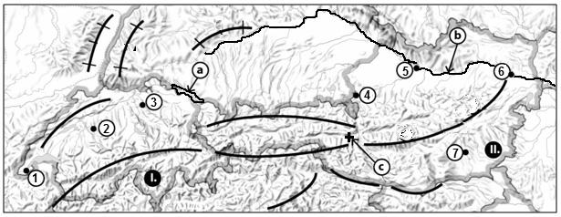 13. Oldja meg a térképen ábrázolt két országgal kapcsolatos feladatokat! a) Nevezze meg a térképen római számokkal jelölt országokat! I.... II.... b) Nevezze meg a kisbetűkkel jelölt földrajzi elemeket!