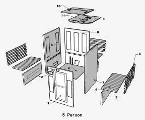 1. Első panel. 2. Alj. 3. Padfűtő panel. 4. Pad. 5.