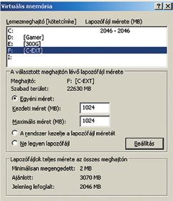 Címlapon Adatmentés, javítás, partícionálás Szelektív szemétgyűjtés Mozgassuk át a Virtuális memóriát az adatszemét partíciójába, és adjunk meg számára fixen 104 MB méretet.