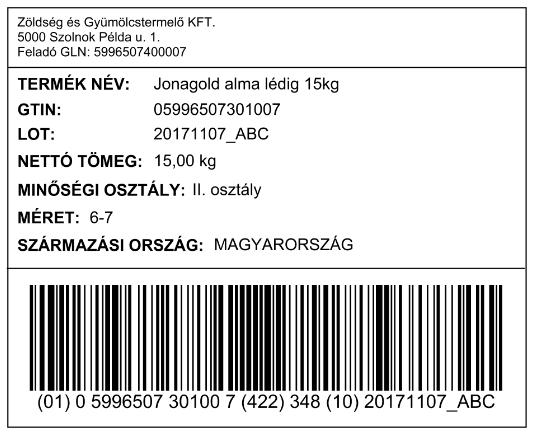 Egyedi logisztikai egység azonosító (pl: SSCC) Árucikk megnevezése és a fajta neve, ahol releváns A termelő/betakarító cég egyedi azonosítója (GLN) További adatok a termelőről/betakarítóról Vonalkód