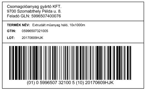 IV. 6-12. ábra: Állandó tömegű nyomonkövetési egység azonosítása GTIN-vel, GTIN (AI (01)), és a tételszám (AI (10)) feltüntetésével GS1-128 vonalkóddal raklapcímkén. V. 6-13.