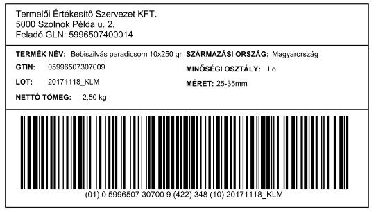 a tételszám (AI (10)) feltüntetése GS1 DataBar KIterjesztett halmozott vonalkóddal, előre csomagolt fogyasztói kiszerelés címke. IV. 6-17.