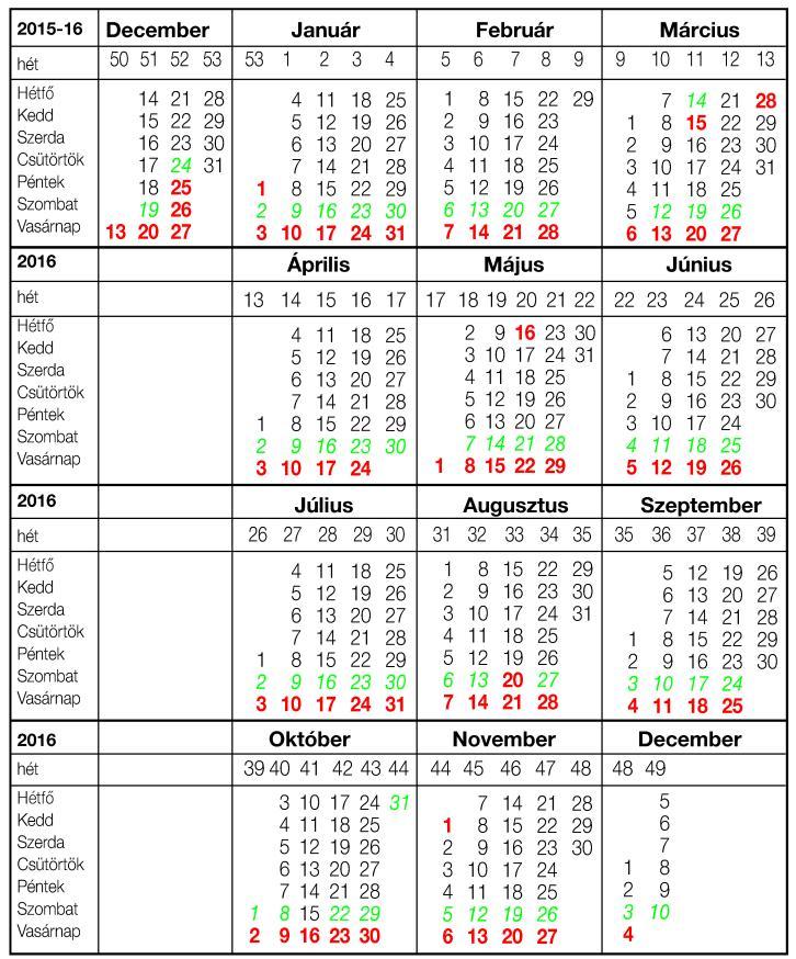 Menetrendi naptár az 2015-2016. évi menetrendi időszakra A nyári időszámítás 2016.