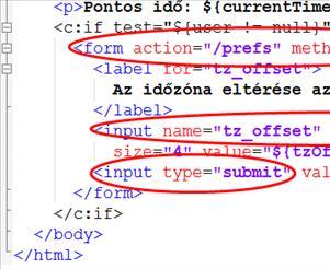 űrlapot (form) a Prefs servlet (request handler) kapja meg a POST metódussal <form action = "/prefs" method="post"> Az URL és a servlet osztály összekapcsolást a web.
