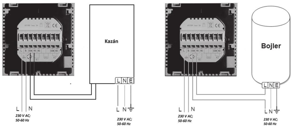 vezérelni kívánt eszköz tápellátásának vezetékét kell megszakítani, és a termosztát K1 COM-NO (3-4) vagy K2 (8-9) csatlakozási pontjaiba kötni (4. ábra). 3. ábra 4.