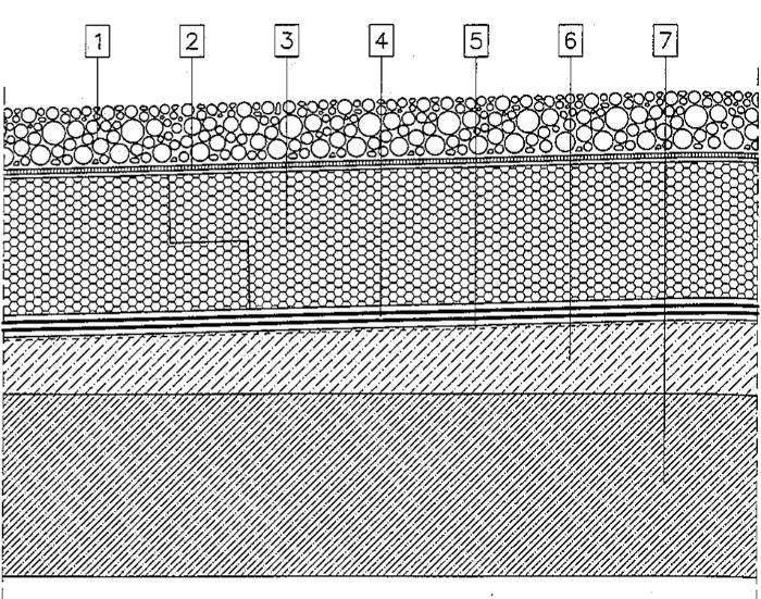 3. Fordított rétegrendű, egyhéjú, nem járható 1. Védő-leterhelő kavicsréteg 2. Páraáteresztő, elválasztó-védő réteg 3. Zárt cellás hőszigetelés 4. Csapadékvíz elleni szigetelés 5.