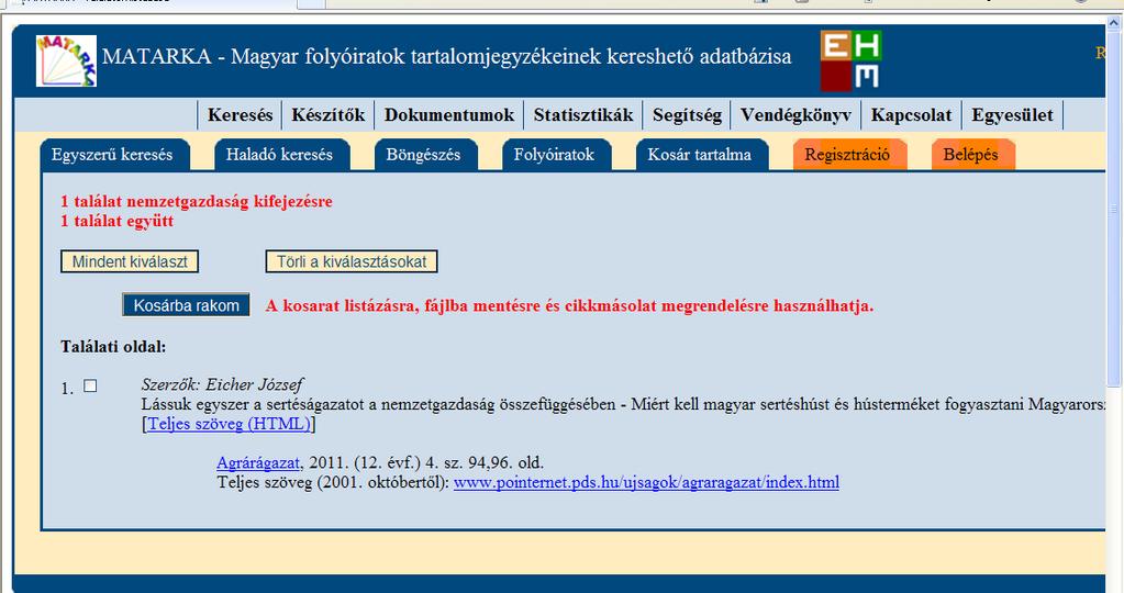 4.4. ábra: A keresési kritériumok alapján kapott találatok a