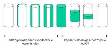 p γv 2 = r L ln p0 RT rm Zsigmondy: Ha a felület homorú (r<0), ahogyan a Kelvin egyenlet mutatja, az egyensúlyi gőznyomás, p r, jelentősen kisebb lehet mint a sík folyadékfelszínnel egyensúlyban lévő