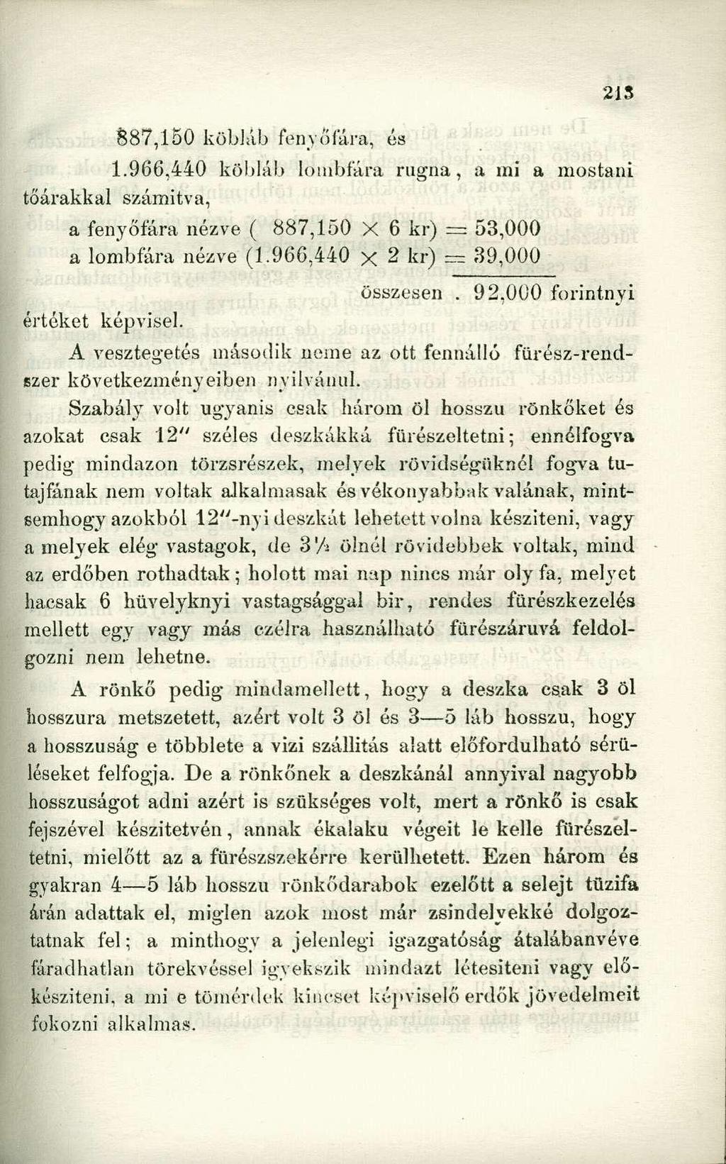 87,150 köbláb fenyőfára, és 1.966,440 köbláb lombiára rúgna, a mi a mostani tőárakkal számítva, a fenyőfára nézve ( 887,150 X 6 kr) = 53,000 a lombfára nézve (1.