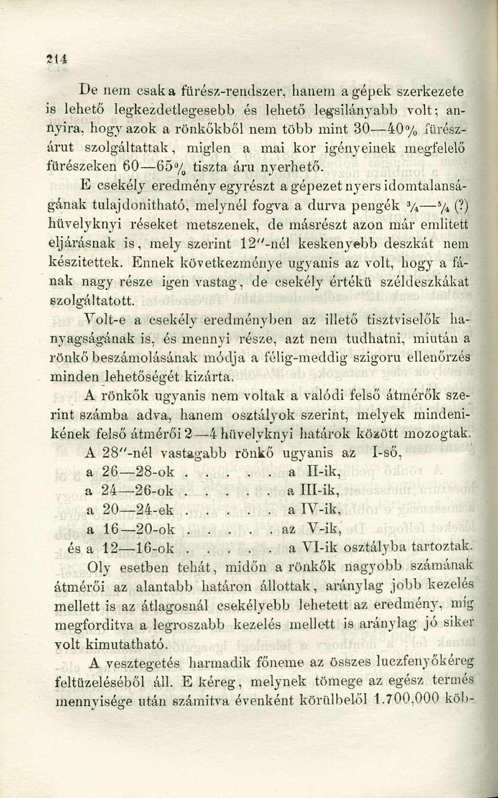 De nem csak a fűrész-rendszer, hanem a gépek szerkezete is lehető legkezdetlegesebb és lehető legsilányabb volt; annyira, hogy azok a rönkökből nem több mint 30 40% fürészárut szolgáltattak, miglen a