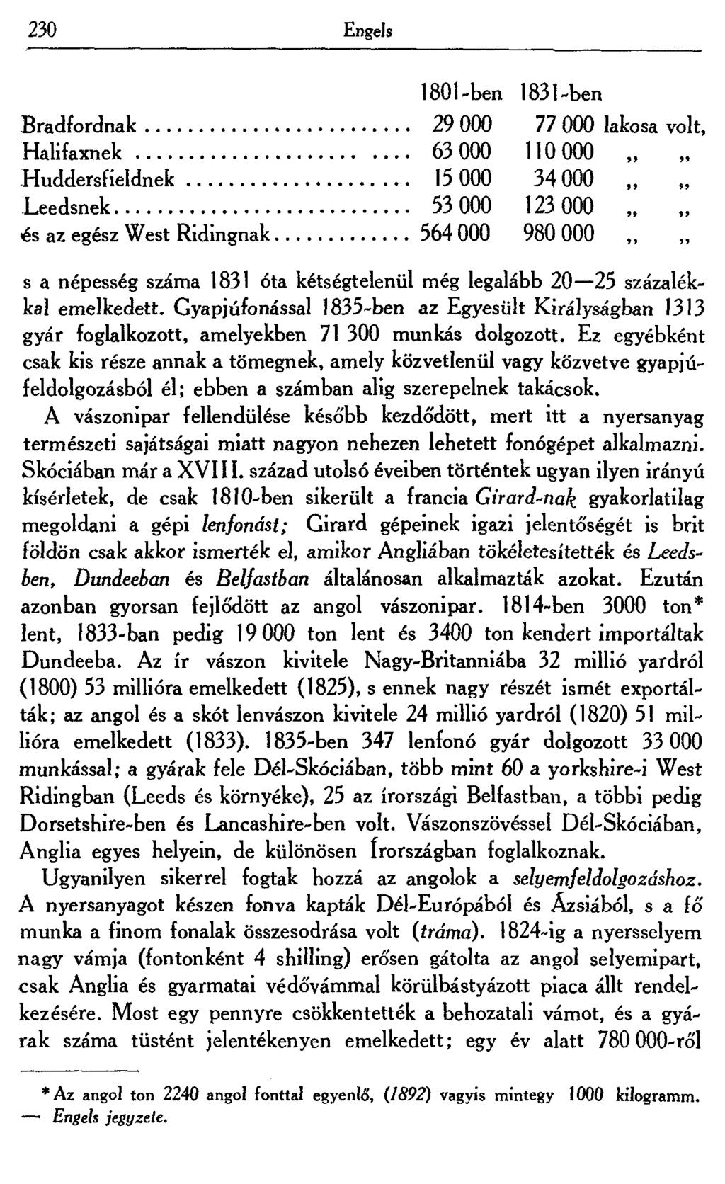 230 Engels 1801-ben 1831-ben Bradfordnak 29 000 77 000 lakosa volt, Halifaxnek 63 000 110 000 Huddersfieldnek 15 000 34000 Leedsnek 53 000 123 000 és az egész West Ridingnak 564 000 980 000 s a