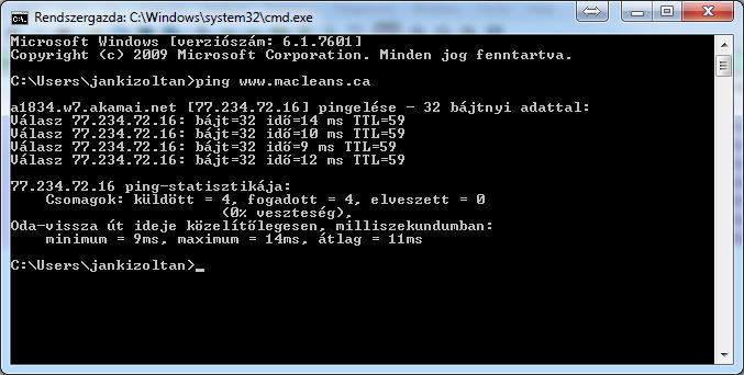 4. ábra ping parancs futtatása parancssorban Eredményképp megkaptuk a web-szerver IP-címét, az egyes csomagokra mennyi időn belül érkezett válasz, illetve végül egy