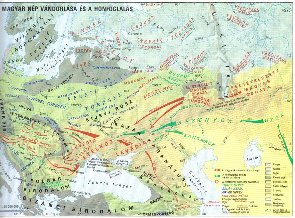 E középiskolák részére készült térképen mutatják be a magyarság finn-ugor származáselmélet szerinti vándorlását és a honfoglalását, mely szerint a magyarság őshazája az Urál-hegység mögötti