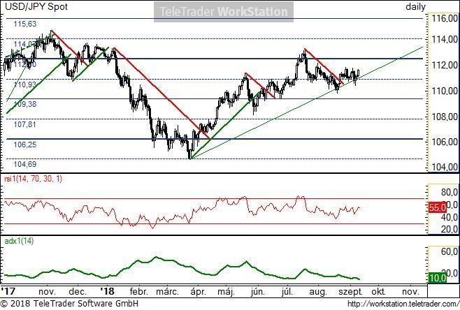 USD/JPY napi USD/JPY napi: Az árfolyam tartja emelkedő pályáját, de trendszerű mozgás nincs. A 110,93-as szint alatt máris törhetne a trend, így gyenge lábakon áll ez az emelkedés. Felül a 112,5 114.