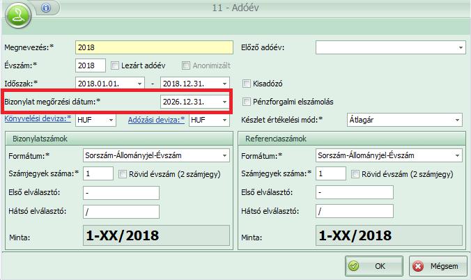 Az adóévek beállításánál megjelent a bizonylat megőrzési dátum sorg ahol be lehet állítanig meddig tárolódjon a bizonylat az adott adóévben.