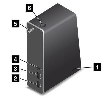A ThinkPad OneLink Dock és ThinkPad OneLink Pro Dock elölnézete 1 Biztonsági zár nyílása: A dokkoló lopás elleni védelme érdekében vásároljon a biztonságizár-nyíláshoz illeszkedő biztonsági
