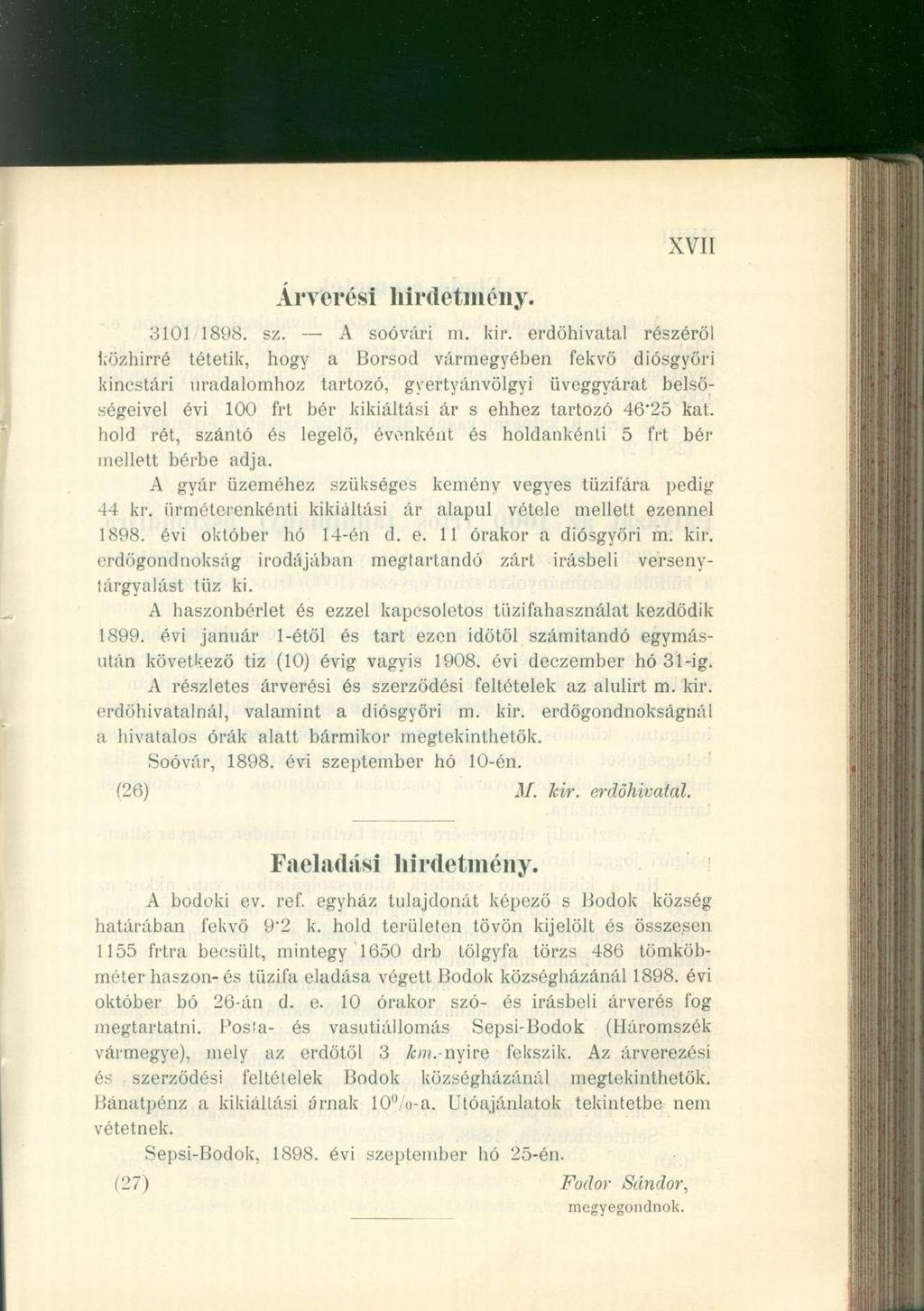 Árverési hirdetmény. XVII 3101 1898. sz. A soóvár i m.