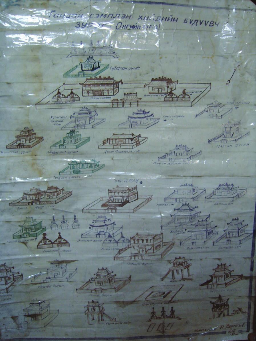 Sain noyon xan kolostorvárosa 161 2. kép A kolostor szentélyeinek egykori elhelyezkedése. R. Lxangiw 1991-es rajza, melyet G. Banjragč őriz.