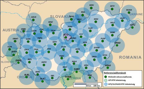 109 A GNSS aktív hálózat permanens állomásai 2014. január 10.-én. Hagyományos RTK lefedettség. Hálózati RTK lefedettség. Új referenciaállomás koordinátáit a GNSSnet.