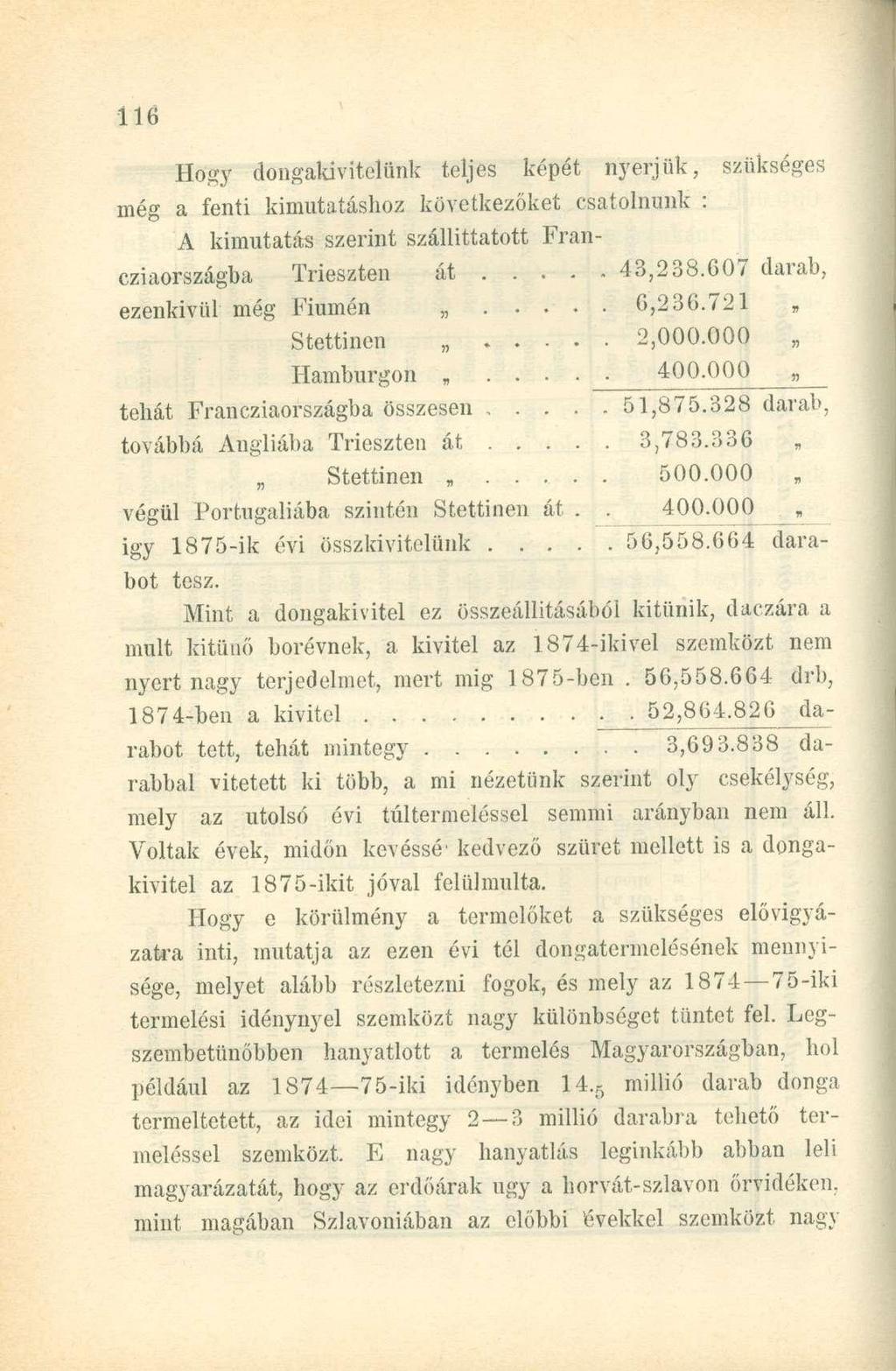 Hogy dongakivitelünk teljes képét nyerjük, szükséges még a fenti kimutatáshoz következőket csatolnunk : A kimutatás szerint szállíttatott Francziaországba Trieszten át 43,238.