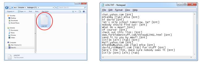 S. A keylogger egy pendrive-ként jelenik meg a számítógépén, amely tartalmaz egy LOG.TXT elnevezésű szöveges dokumentumot.