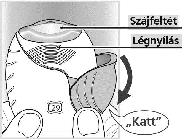 2. Hogyan kell előkészíteni egy adagot Nyissa fel a fedelet, ha készen áll az adag belégzésére. Ne rázza fel az inhalátort! Húzza lefelé a fedelet addig, amíg egy kattanást hall.