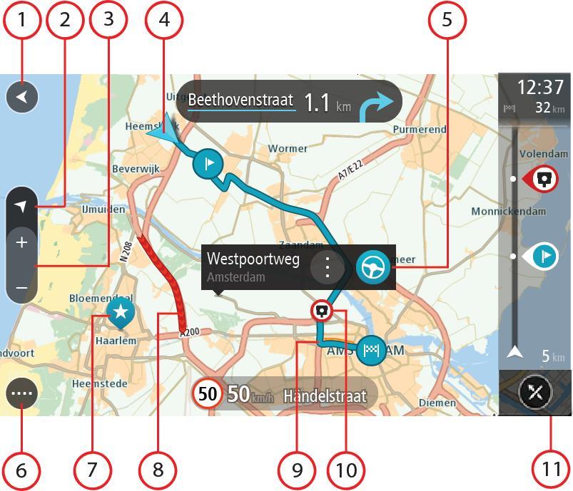 Ha van tervezett útvonala, a teljes útvonal megjelenik a térképen. Az útvonalhoz közvetlenül a térképről is hozzáadhat megállókat. A vezetés megkezdésekor az útmutatás nézet jelenik meg. 1.