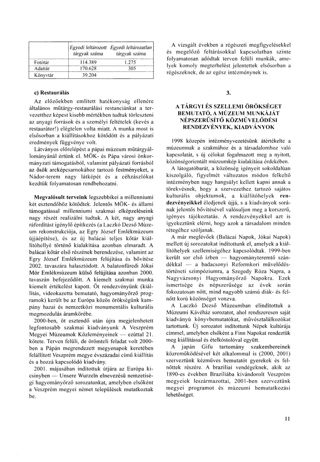 Egyedi leltározott Egyedi leltározatlan tárgyak száma tárgyak száma Fotótár 114.389 1.275 Adattár 170.628 305 Könyvtár 39.