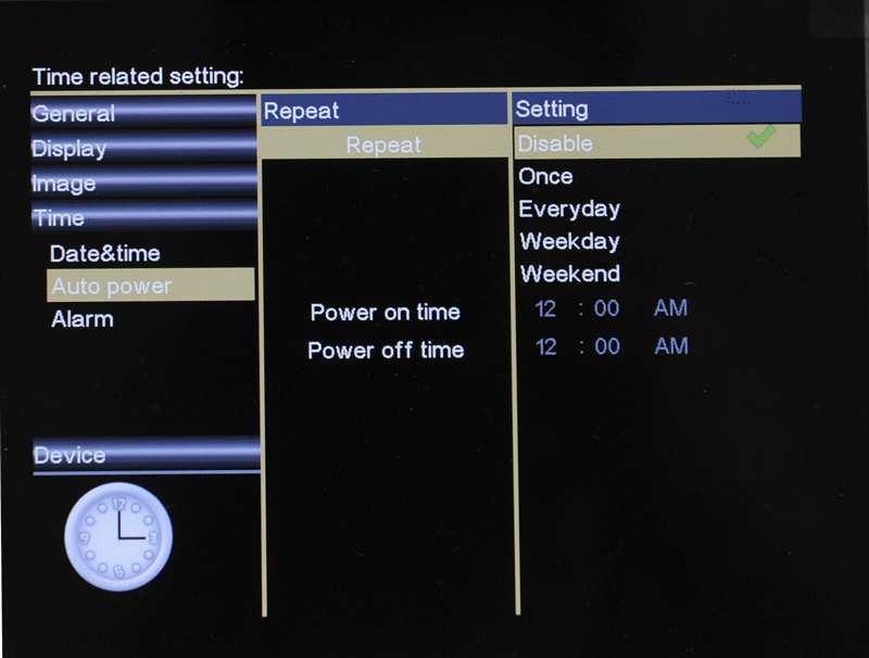 kép 18: Az automatikus bekapcsolás beállítása Beállíthatja a fotokeret be/kikapcsolás idejét, és az automatikus bekapcsolás típusát: Kikapcs, Egyszer, Naponta, Hétköznap, Hétvége. 4.5.