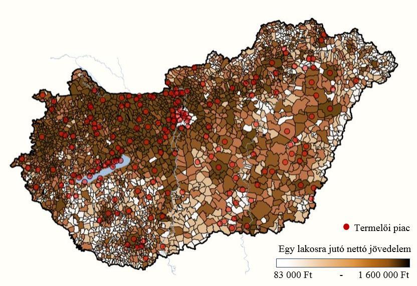 2. ábra: Az egy főre jutó nettó jövedelem és a termelői piacok elhelyezkedése Forrás: A TeIR KSH Területi statisztikai adatok rendszere (2015), a NÉBIH (2016) és a NAK (2016) adatai alapján, saját