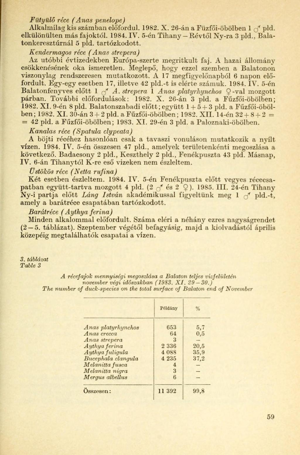 Fütyülő réce (Anas penelope) Alkalmilag kis számban előfordul. 1982. X. 26-án a Fűzfői-öbölben 1 q* pld. elkülönülten más fajoktól. 1984. IV. 5-én Tihany Révtől Ny-ra 3 pld.
