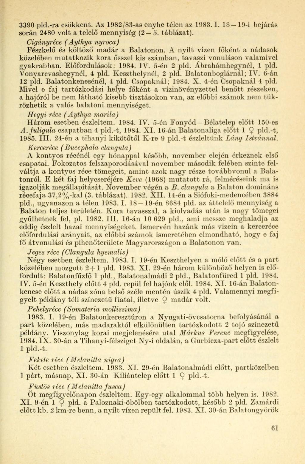 3390 pld.-ra csökkent. Az 1982/83-as enyhe télen az 1983.1. 18-19-i bejárás során 2480 volt a telelő mennyiség (2 5. táblázat). Cigányréce (Aythya nyroca) Fészkelő és költöző madár a Balatonon.