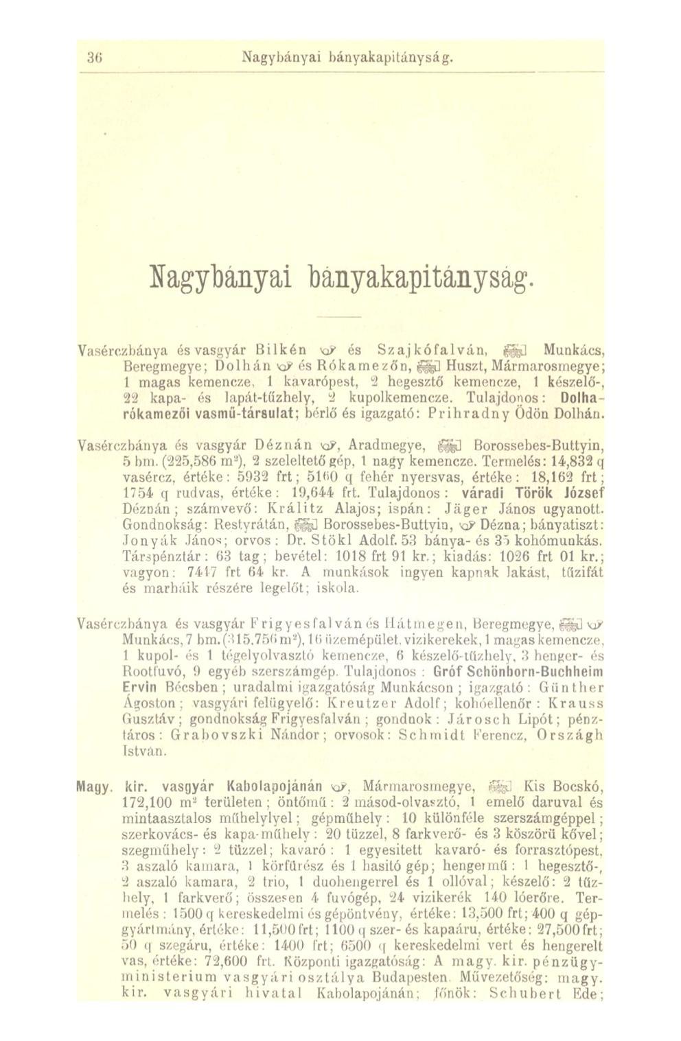 Nagybányai bányakapitányság. Nagybányai bányakapitányság. Vasérczbánya és vasgyár Bilkén KJ és Szajkófalván, fe] Munkács, Beregmegye; Dolhán va?