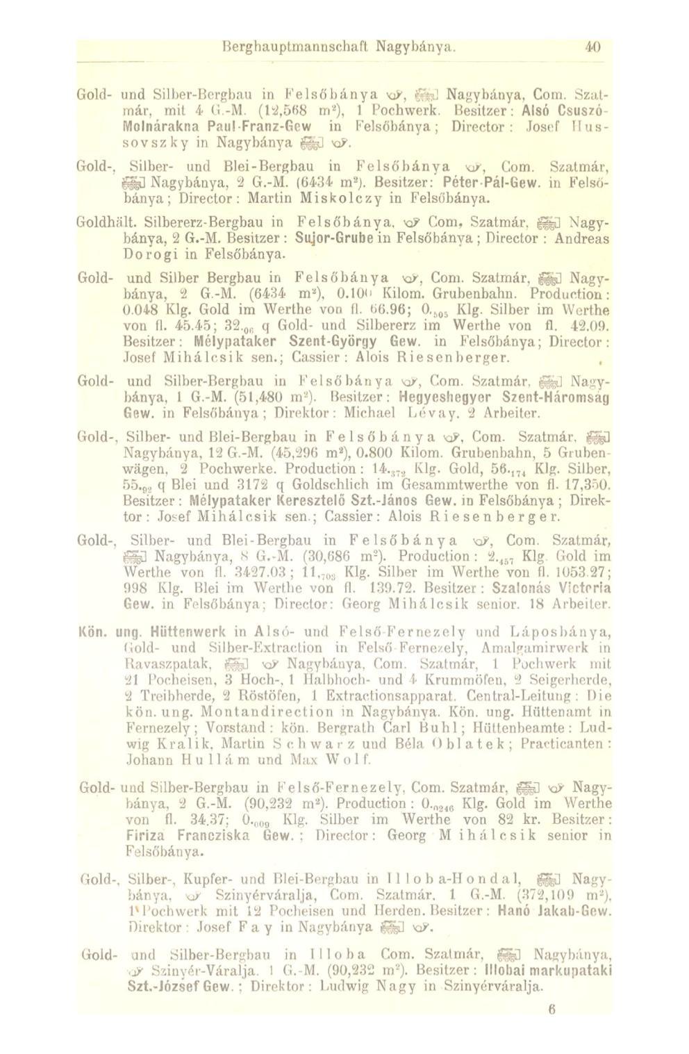 Berghauptmannsehaft Nagybánya. Gold- und Silber-Bergbau in Felsőbánya KP, fe] Nagybánya, Com. Szatmár, mit 4 G.-M. (1^,568 m 2 ), 1 Pochwerk.