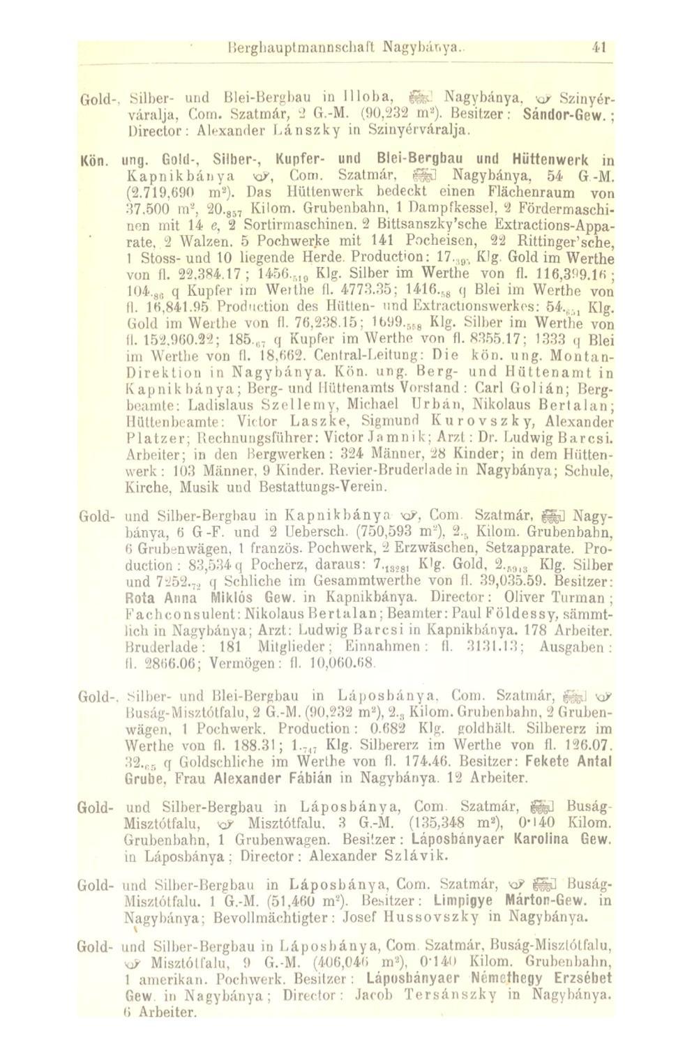 Berghauptmannsehaft Nagybánya.. 41 Gold-. Silber- und Blci-Bcruhau in Illóba, fe: Nagybánya, w Szinyérváralja, Com. Szatmár, 2 G.-M. (»0,232 m 2 ). Besitzer: Sándor-Gew.