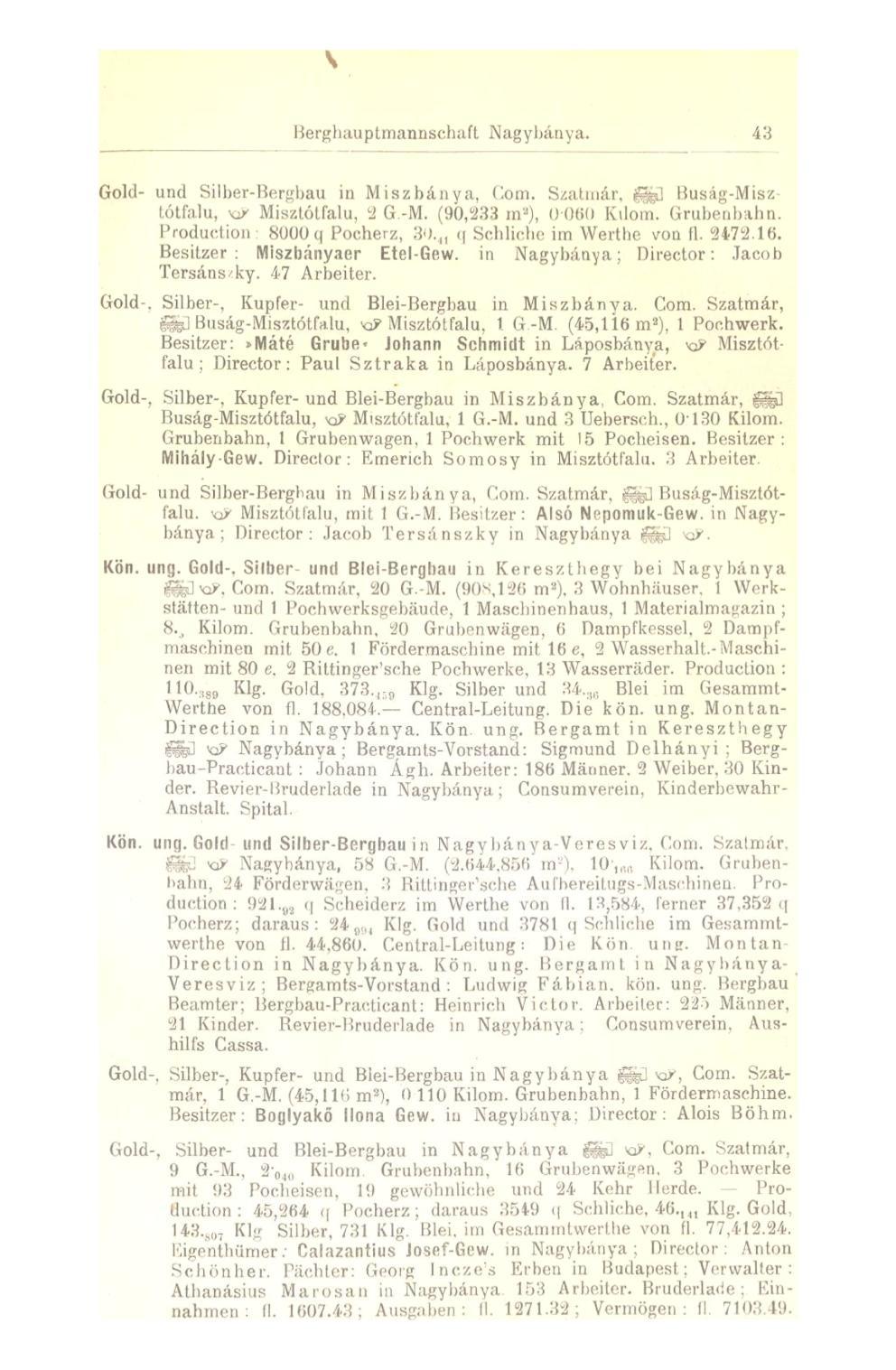 Berghauptmannsehaft Nagybánya. 43 Gold- und Silber-Bergbau in Miszbánya, Com. Szatmár, Buság-Misztótfalu, xir Misztótfalu, 2 G.-M. (90,233 m' J ), 0 060 Kdom. Grubenbahn.