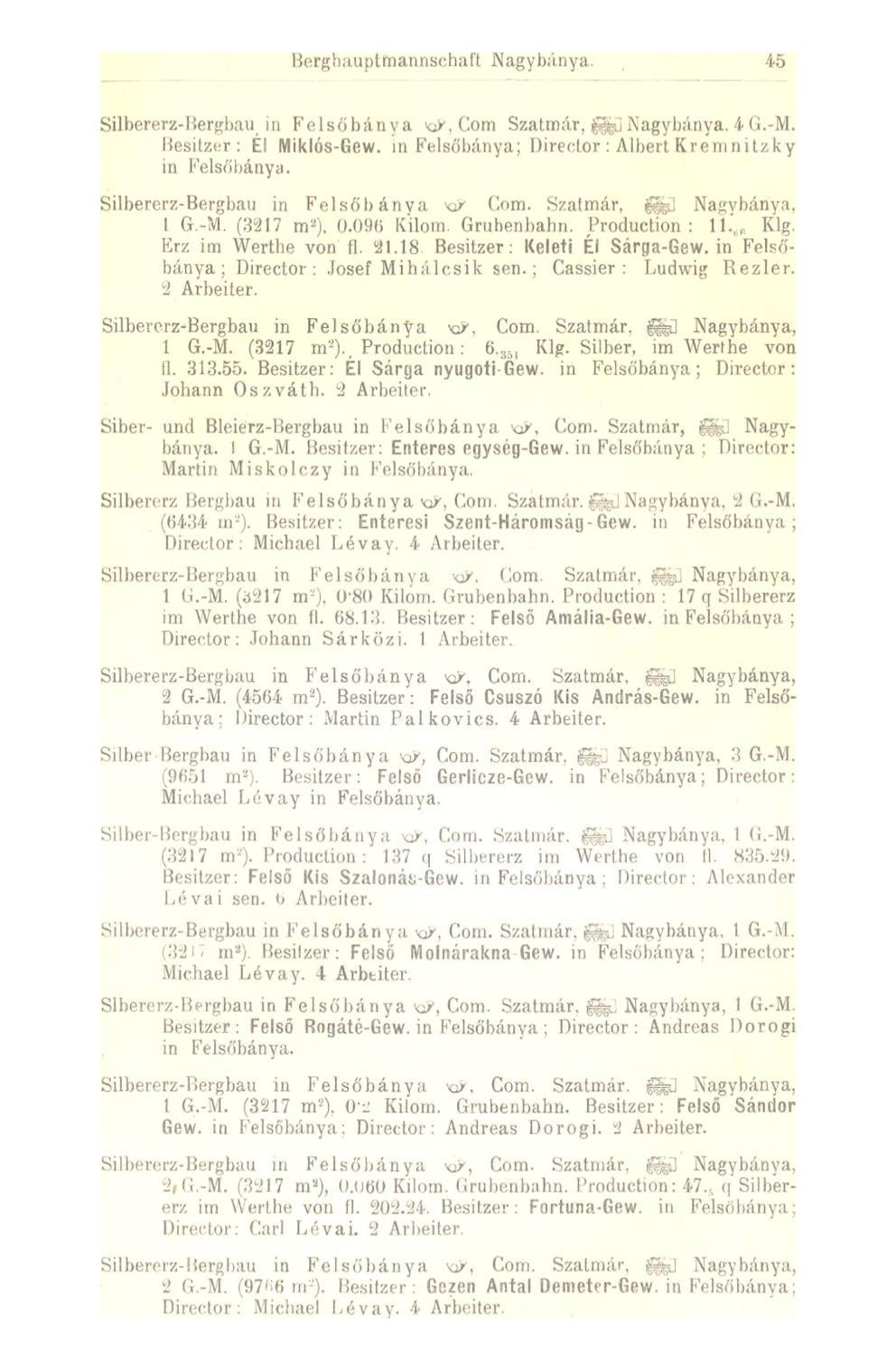 45 Silbererz-Bergbau in Felsőbánya KP, Com Szatmár, fed Nagybánya. 4 G.-M. Besitzer: Él Miklos-Gew. in Felsőbánya; Direetor : Albert Kremnitzky in Felsőbánya. Silbererz-Bergbau in Felsőbánva xp Com.