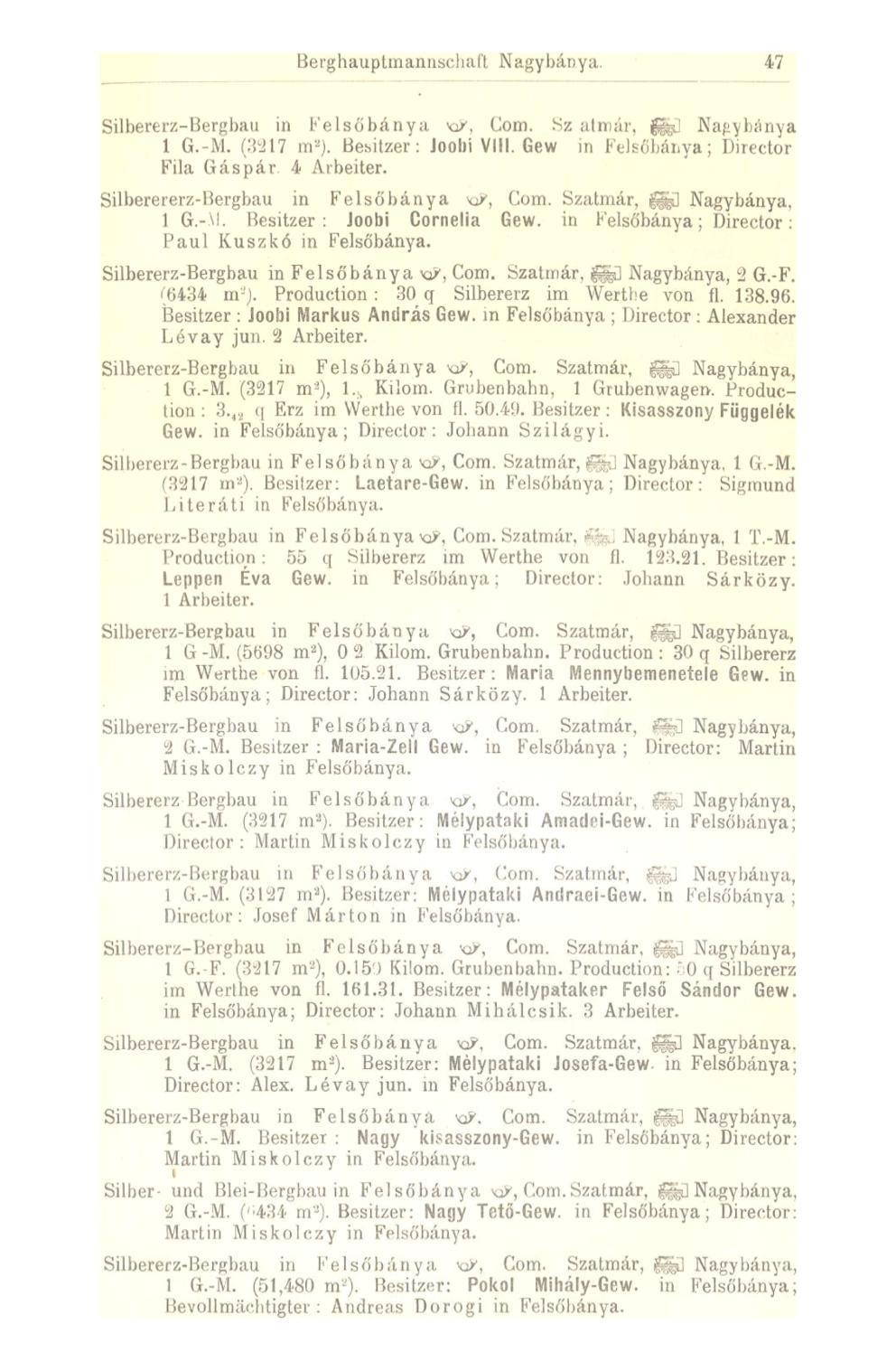 Berghauptmannsehaft Nagybánya. 47 Silbererz-Bergbau in Kel so bánya xi/\ Com. Sz nln:;ir. fe Nap) l.ánya 1 G.-M. (3217 m 2 ). Besitzer: Joobi VIM. Gew m Felsőbánya; Direetor Fila Gáspár 4 Arbeiter.